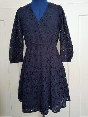 Bailey 44 Navy Eyelet Midi Dress with V-Neck and Three-Quarter Sleeves